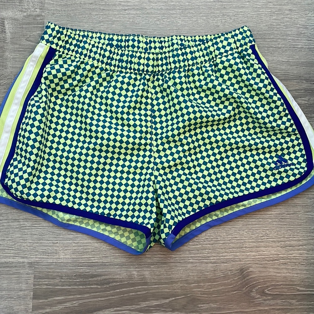 Adidas green and blue athletic shorts